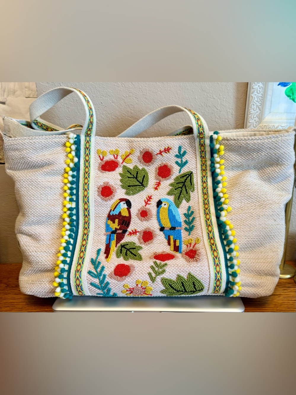 America & Beyond Morning Glory Beaded Parrot Tote Bag XL Tropical Macaw Pom Pom